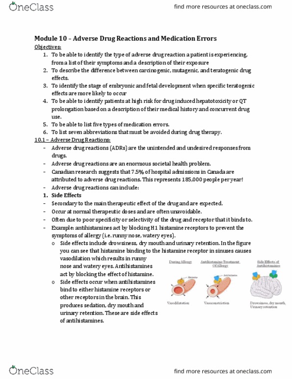 Pharmacology 2060A/B Lecture Notes - Lecture 10: Thiopurine Methyltransferase, Histamine Receptor, Drug Allergy thumbnail
