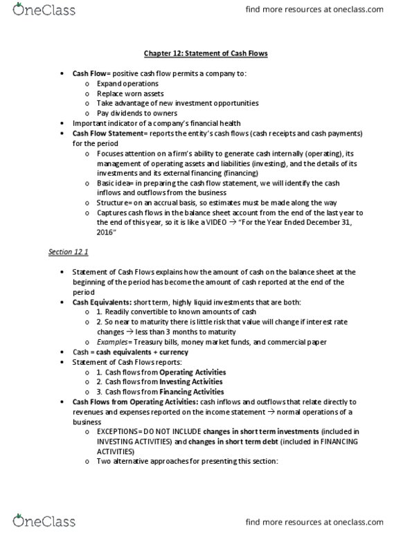 ACCT20100 Chapter Notes - Chapter 12: Cash Flow Statement, Money Market Fund, Cash Cash thumbnail