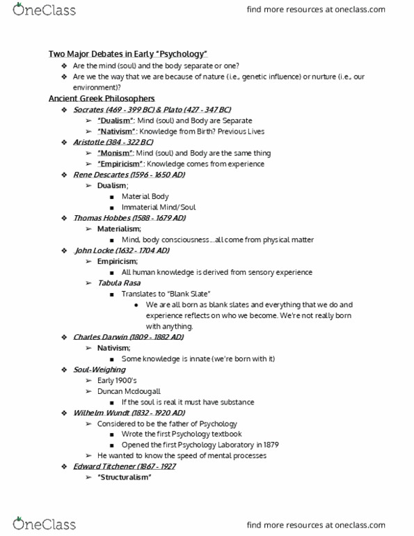 PSY 100 Lecture Notes - Lecture 1: Empiricism, Materialism, Unconscious Mind thumbnail