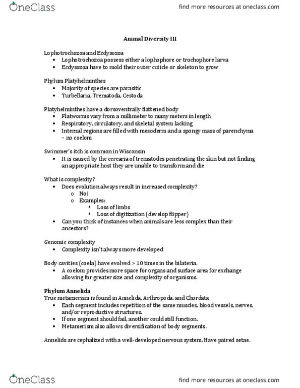 BIO 203 Lecture Notes - Lecture 36: Flatworm, The Fluid, Trochophore thumbnail