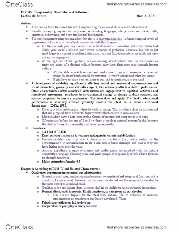 PSY345H5 Lecture Notes - Lecture 10: Nonverbal Communication, Developmental Disability, Echolalia thumbnail