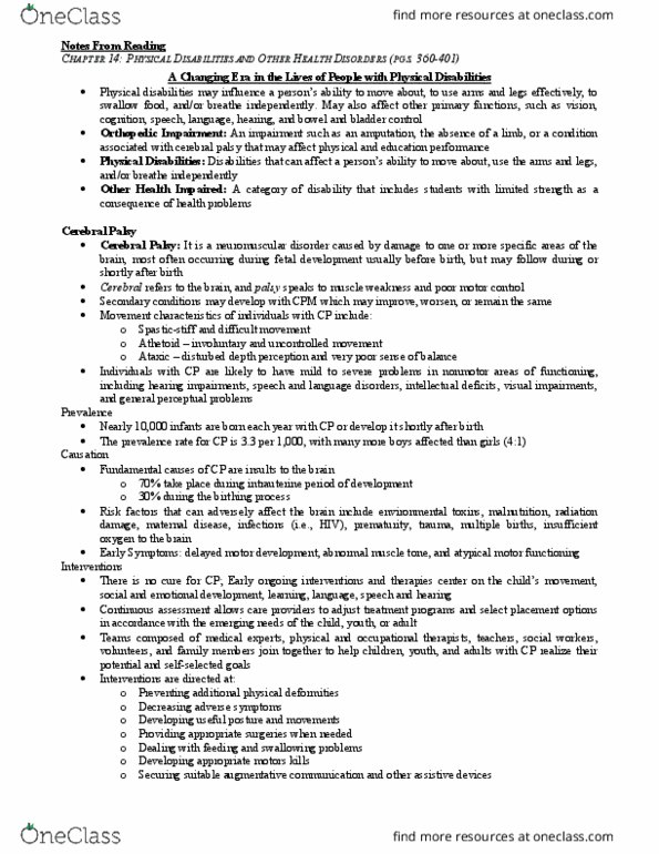 PSY345H5 Chapter Notes - Chapter 14: Neural Tube Defect, Cerebral Palsy, Spina Bifida thumbnail