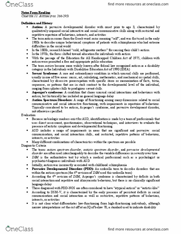 PSY345H5 Chapter Notes - Chapter 11: Autism Spectrum, Pervasive Developmental Disorder, Savant Syndrome thumbnail