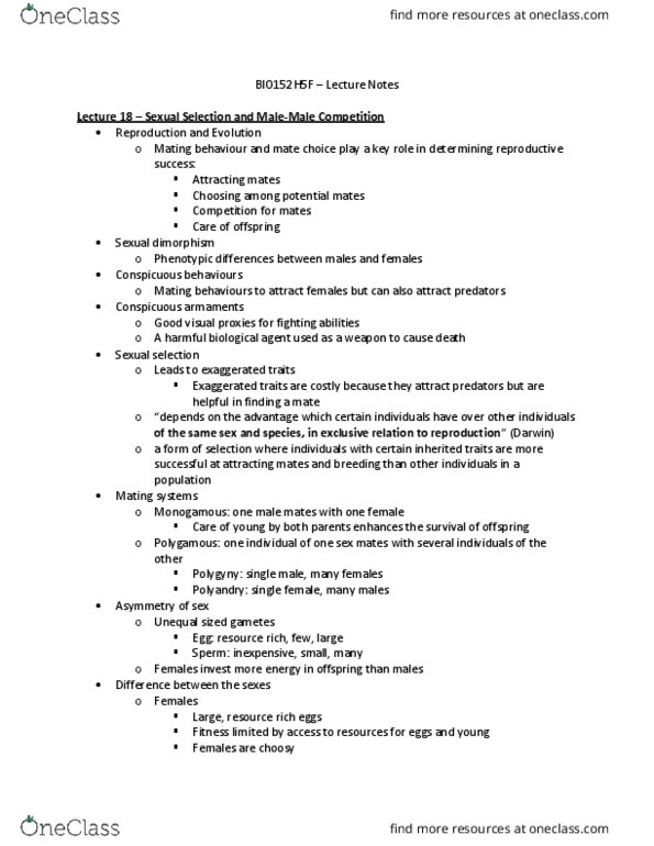 BIO152H5 Lecture Notes - Lecture 18: Mate Choice, Biological Agent thumbnail