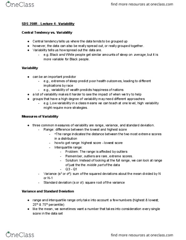 SDS250R Lecture Notes - Lecture 4: Interquartile Range, Central Tendency, Standard Deviation thumbnail