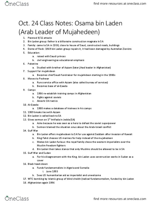 HISTORY 241 Lecture Notes - Lecture 1: Saudi Binladin Group, Fahd Of Saudi Arabia, Peshawar thumbnail