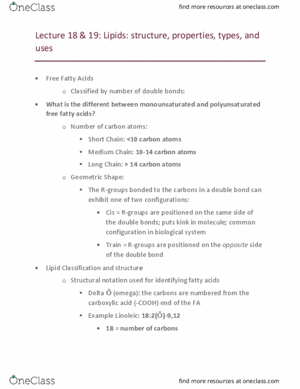 FSHN 101 Lecture Notes - Lecture 18: Monounsaturated Fat, Glycerol, Triglyceride thumbnail