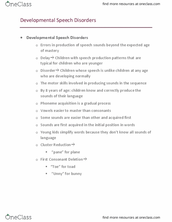 SHS 170 Lecture Notes - Lecture 9: Speech Disorder, Phoneme, Dysarthria thumbnail