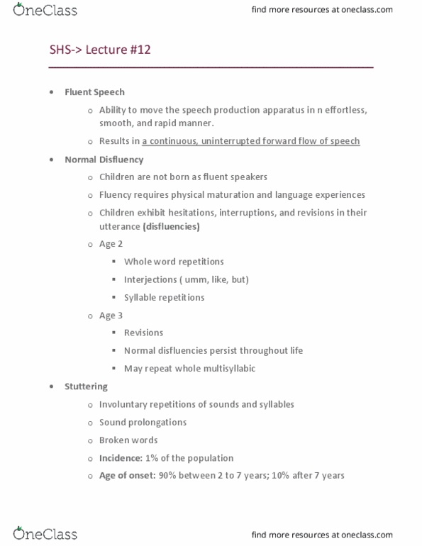 SHS 170 Lecture Notes - Lecture 12: Speech Disfluency, Etiology thumbnail