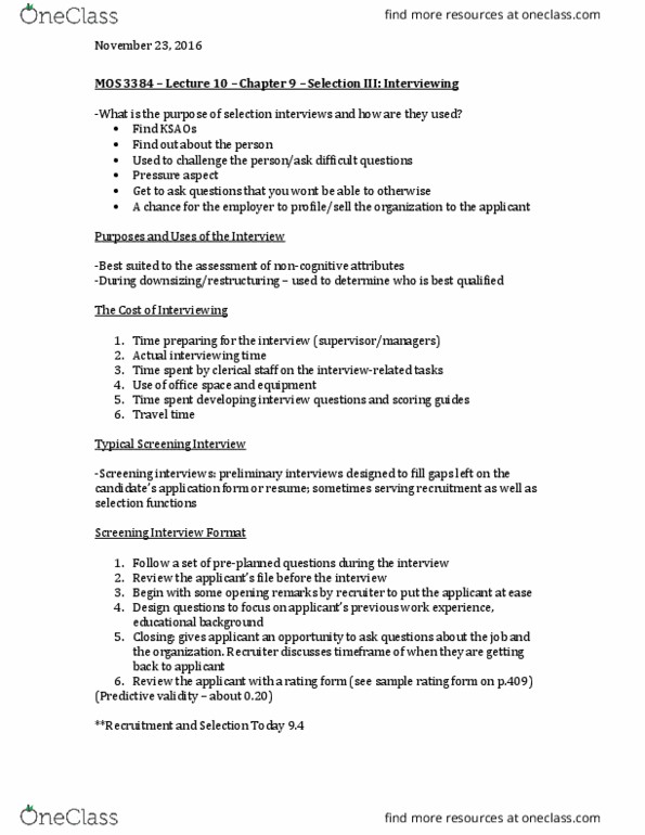 Management and Organizational Studies 3384A/B Lecture Notes - Lecture 10: Unstructured Interview, Structured Interview, Job Analysis thumbnail