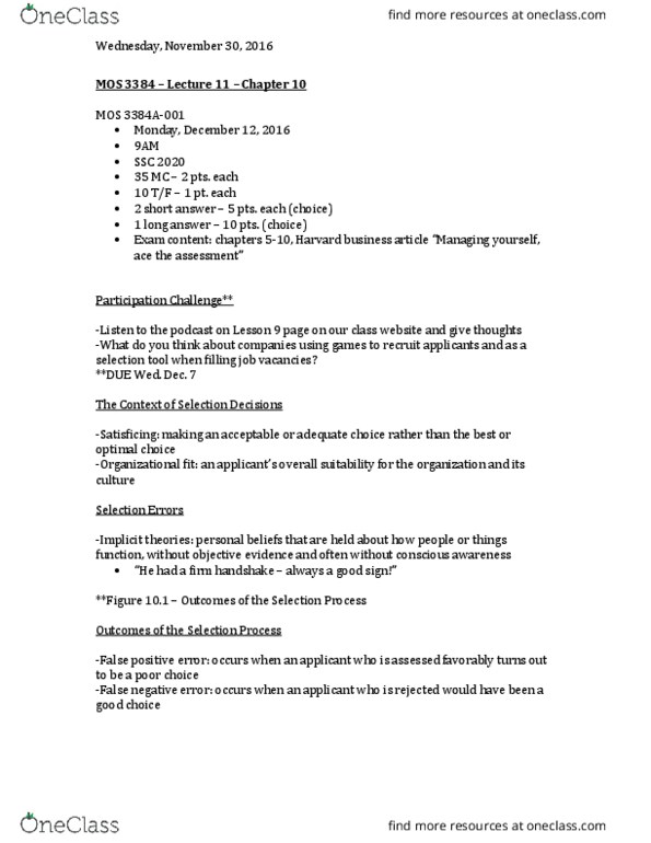 Management and Organizational Studies 3384A/B Lecture Notes - Lecture 11: Satisficing, Lijsttrekker, Job Performance thumbnail