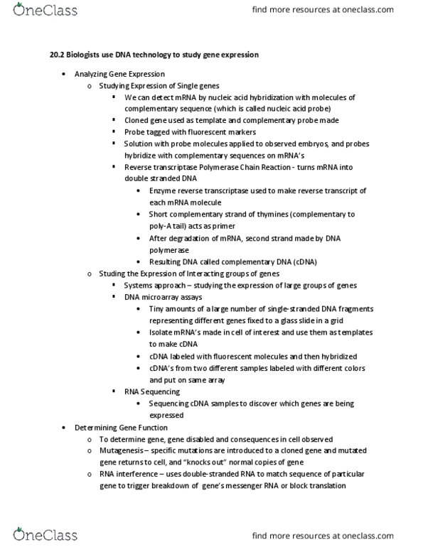 BIOL 2100 Chapter Notes - Chapter 20: Polymerase Chain Reaction, Reverse Transcriptase, Dna Microarray thumbnail