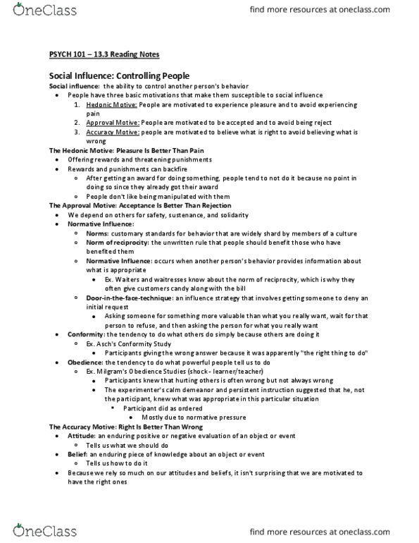 PSYCH 101 Chapter Notes - Chapter 13.3: Social Influence, Cognitive Dissonance thumbnail