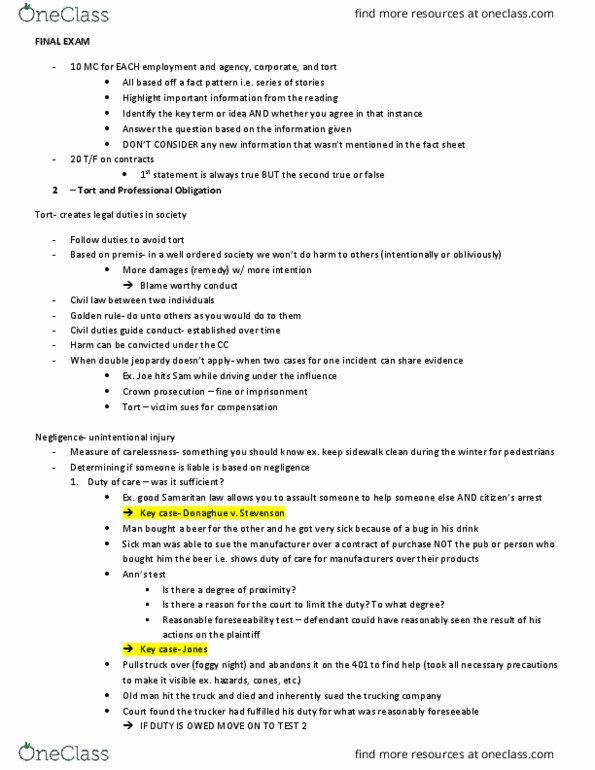 MCS 3040 Lecture Notes - Lecture 6: Parol Evidence Rule, Intentional Tort, Contributory Negligence thumbnail