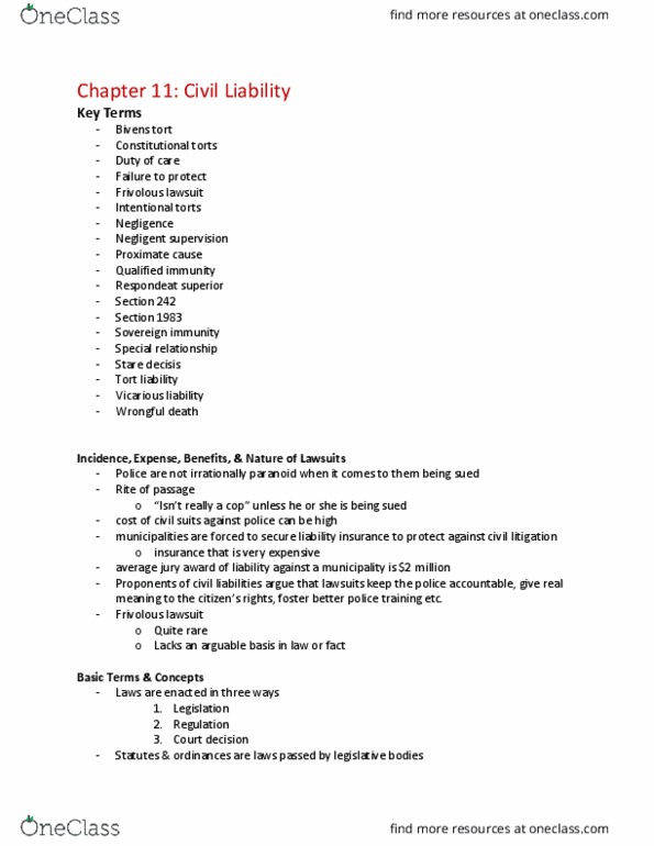 CRJU 3310 Chapter Notes - Chapter 11: Third Enforcement Act, Frivolous Litigation, Respondeat Superior thumbnail