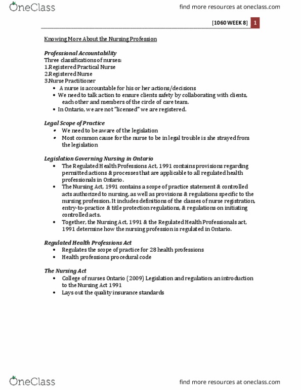 Nursing 1060A/B Lecture Notes - Lecture 8: Licensed Practical Nurse, Nurse Practitioner, Practice Statement thumbnail