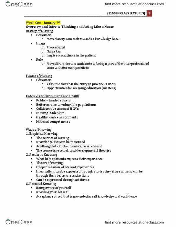 Nursing 1160A/B Lecture Notes - Lecture 1: Validity, Nursing Process, Nursing Theory thumbnail