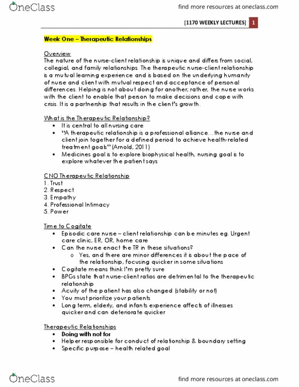 Nursing 1170A/B Lecture Notes - Lecture 1: Nursing Theory, Therapeutic Relationship, Professional Boundaries thumbnail