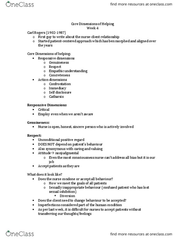 Nursing 1170A/B Lecture Notes - Lecture 4: Unconditional Positive Regard, Sexual Inhibition, Therapeutic Relationship thumbnail