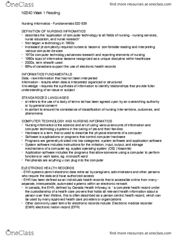 Nursing 2240F/G Chapter Notes - Chapter 1: Computerized Physician Order Entry, Telehealth, Application Software thumbnail