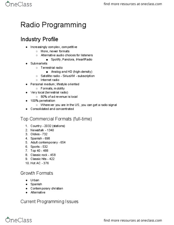 RTV 4500 Lecture Notes - Lecture 14: Digital Audio Broadcasting, Satellite Radio, Classic Hits thumbnail