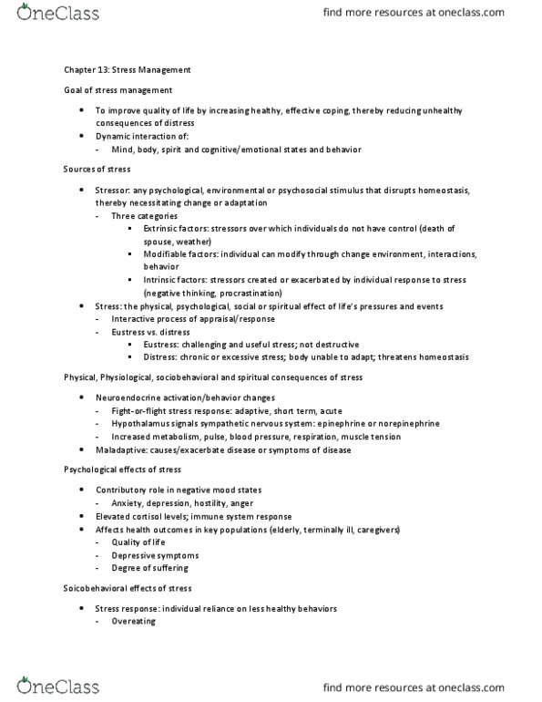 NUR 304 Lecture Notes - Lecture 12: Stress Management, Sympathetic Nervous System, Sandwich Generation thumbnail