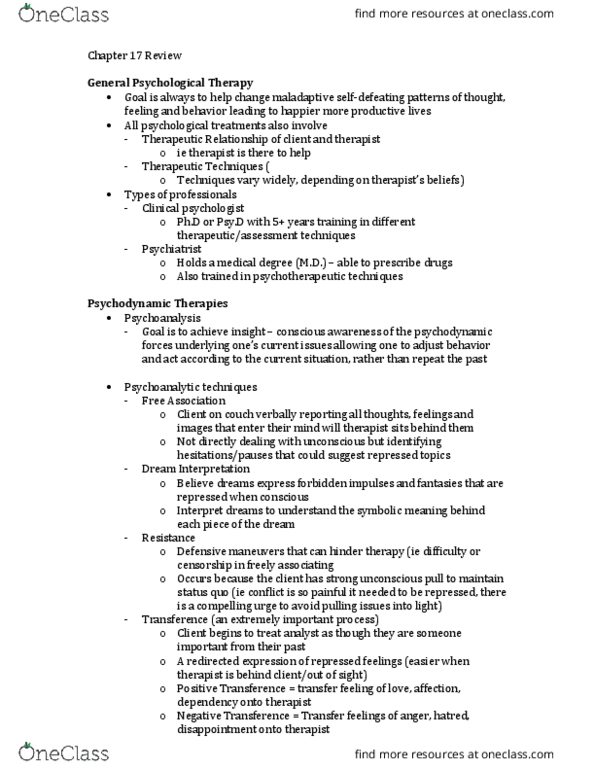 Psychology 1000 Chapter Notes - Chapter 17: Rational Emotive Behavior Therapy, Cognitive Behavioral Therapy, Cognitive Therapy thumbnail