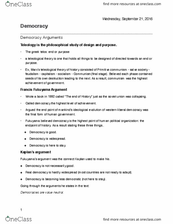 POL101Y1 Lecture Notes - Lecture 2: Francis Fukuyama, Liberal Democracy, Teleology thumbnail