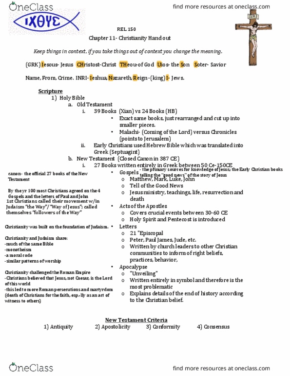 REL 150 Lecture Notes - Lecture 11: Septuagint, Apostolic Succession, Pentecostalism thumbnail