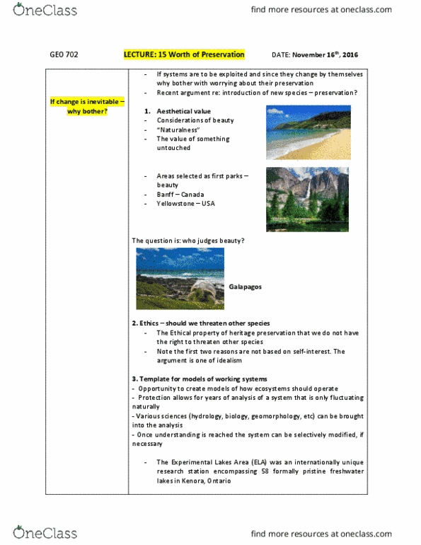 GEO 702 Lecture Notes - Lecture 15: Marine Protected Area, Experimental Lakes Area, Geomorphology thumbnail
