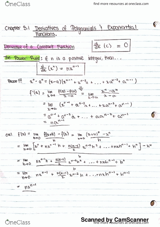 MATH 100 Chapter 3.1 page 172-182: Derivatives of Polynomiald and Exponential Functions thumbnail