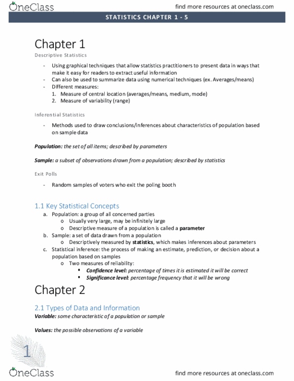 MGMT 1050 Chapter Notes - Chapter 1-5: Pie Chart, Level Of Measurement, Bar Chart thumbnail