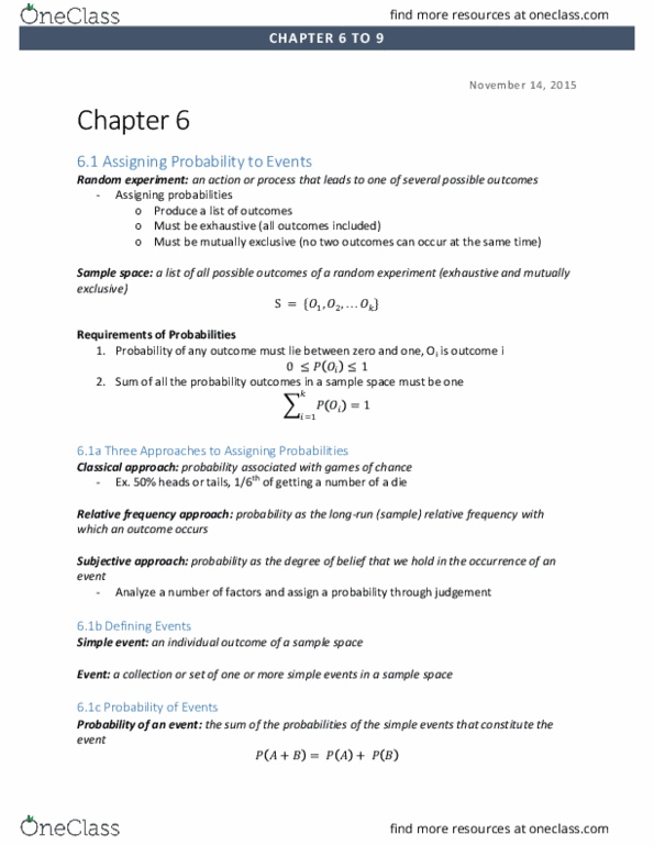 MGMT 1050 Chapter Notes - Chapter 6 - 9: Mutual Exclusivity, Binomial Distribution, Posterior Probability thumbnail