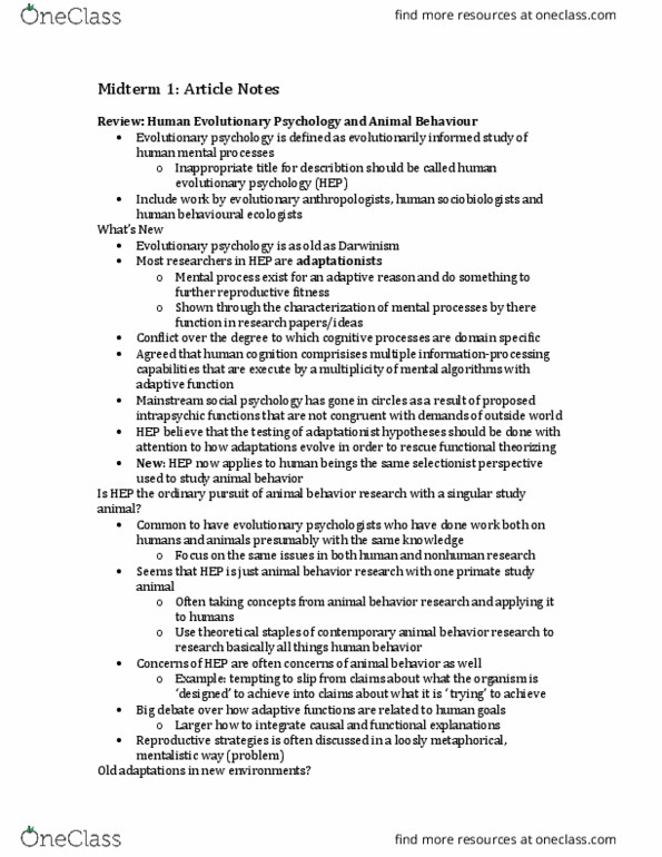 PSYCH 3F03 Chapter Notes - Chapter 1-4: Evolutionary Medicine, Human Behavioral Ecology, Evolutionary Anthropology thumbnail