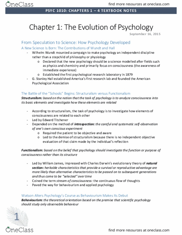 PSYC 1010 Chapter Notes - Chapter 1 - 4: Experimental Psychology, Physiological Psychology, Cognitive Psychology thumbnail