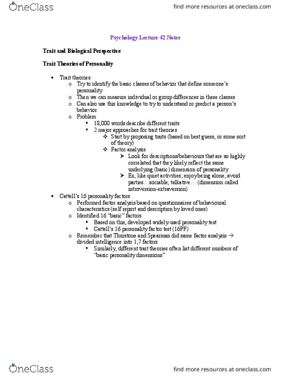 Psychology 1000 Lecture Notes - Lecture 43: Extraversion And Introversion, 16Pf Questionnaire, Factor Analysis thumbnail