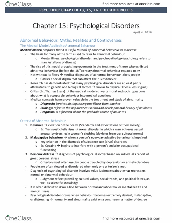 PSYC 1010 Chapter Notes - Chapter 13, 15 - 16: Posttraumatic Stress Disorder, Bipolar Disorder, Dissociative Identity Disorder thumbnail