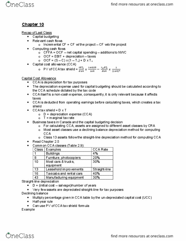 FIN 300 Lecture Notes - Lecture 10: Capital Cost Allowance, Tax Shield, Operating Cash Flow thumbnail