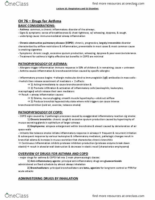 PHA 3112 Chapter Notes - Chapter 76: Chronic Obstructive Pulmonary Disease, Zafirlukast, Leukotriene thumbnail