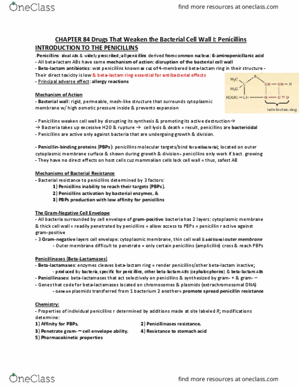 PHA 3112 Chapter Notes - Chapter 85: Side Effects Of Penicillin, Infective Endocarditis, Beta-Lactamase thumbnail