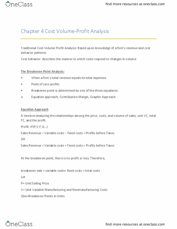 BUS 108 Chapter Notes - Chapter 4: Contribution Margin, Unit Price, Fixed Cost thumbnail