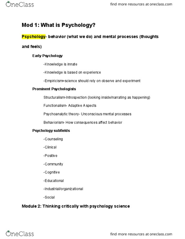 PSY 105 Lecture Notes - Lecture 1: Psychoanalytic Theory, Psychological Science, Critical Thinking thumbnail