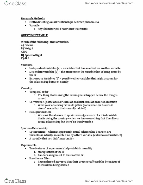 SOCPSY 1Z03 Lecture Notes - Lecture 2: Dependent And Independent Variables, Hawthorne Effect thumbnail