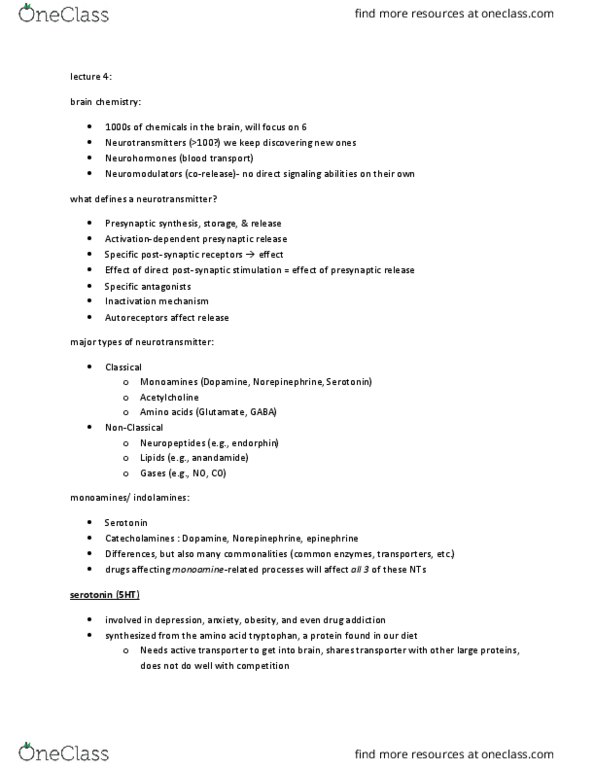 PSY 214 Lecture Notes - Lecture 4: Tryptophan Hydroxylase, Monoamine Oxidase, Monoamine Transporter thumbnail