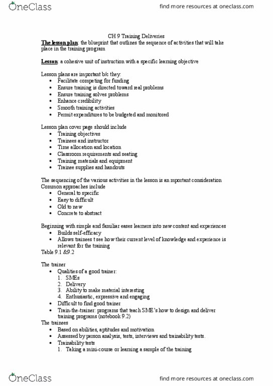 Management and Organizational Studies 3343A/B Lecture Notes - Lecture 9: Lesson Plan, Job Performance thumbnail