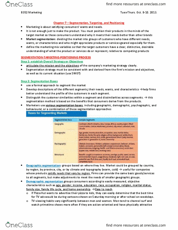 BU352 Chapter Notes - Chapter 7: Geodemographic Segmentation, Market Segmentation, Psychographic thumbnail