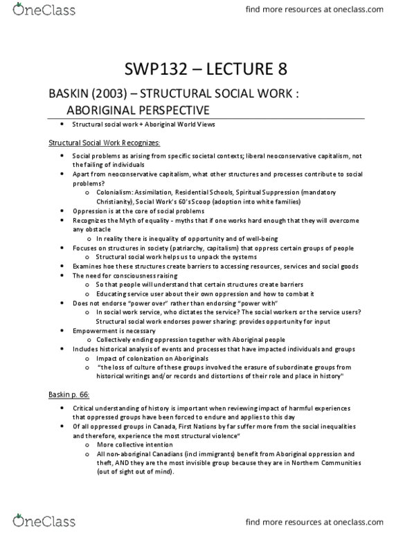 SWP 132 Lecture Notes - Lecture 8: Eurocentrism, Consciousness Raising, Structural Violence thumbnail