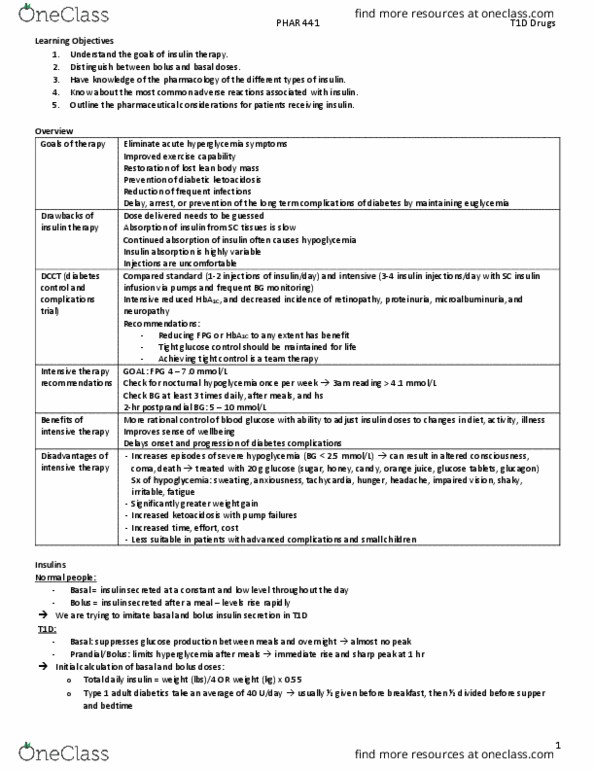 PHAR 441 Lecture Notes - Lecture 12: Insulin Glulisine, Nph Insulin, Regular Insulin thumbnail