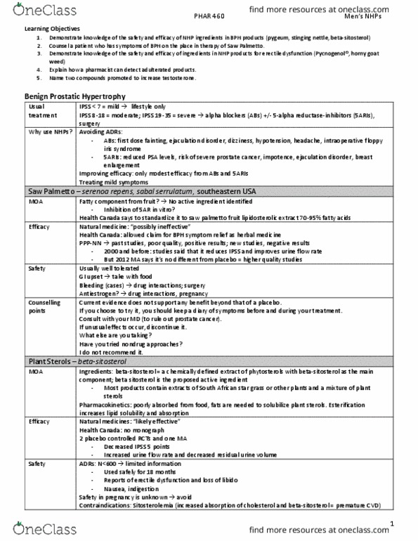 PHAR 460 Lecture Notes - Lecture 11: Epimedium, Benign Prostatic Hyperplasia, Serenoa thumbnail