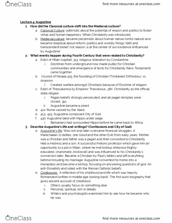 HUM 001B Lecture Notes - Lecture 4: Pelagianism, Arianism, Toleration thumbnail